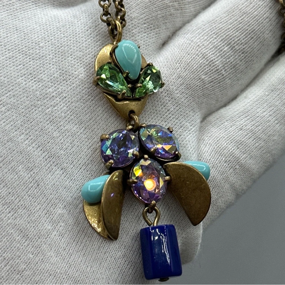 J CREW Antique Brass Glass Rhinestones flowers pendant, necklace‎ # 77